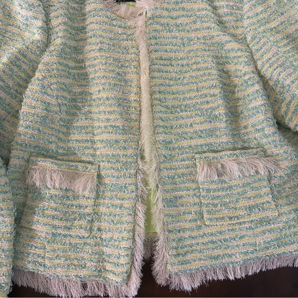 L'AGENCE Angelina Fray Tweed Jacket Open Front Blazer in Light Green Size 14 - Picture 8 of 16